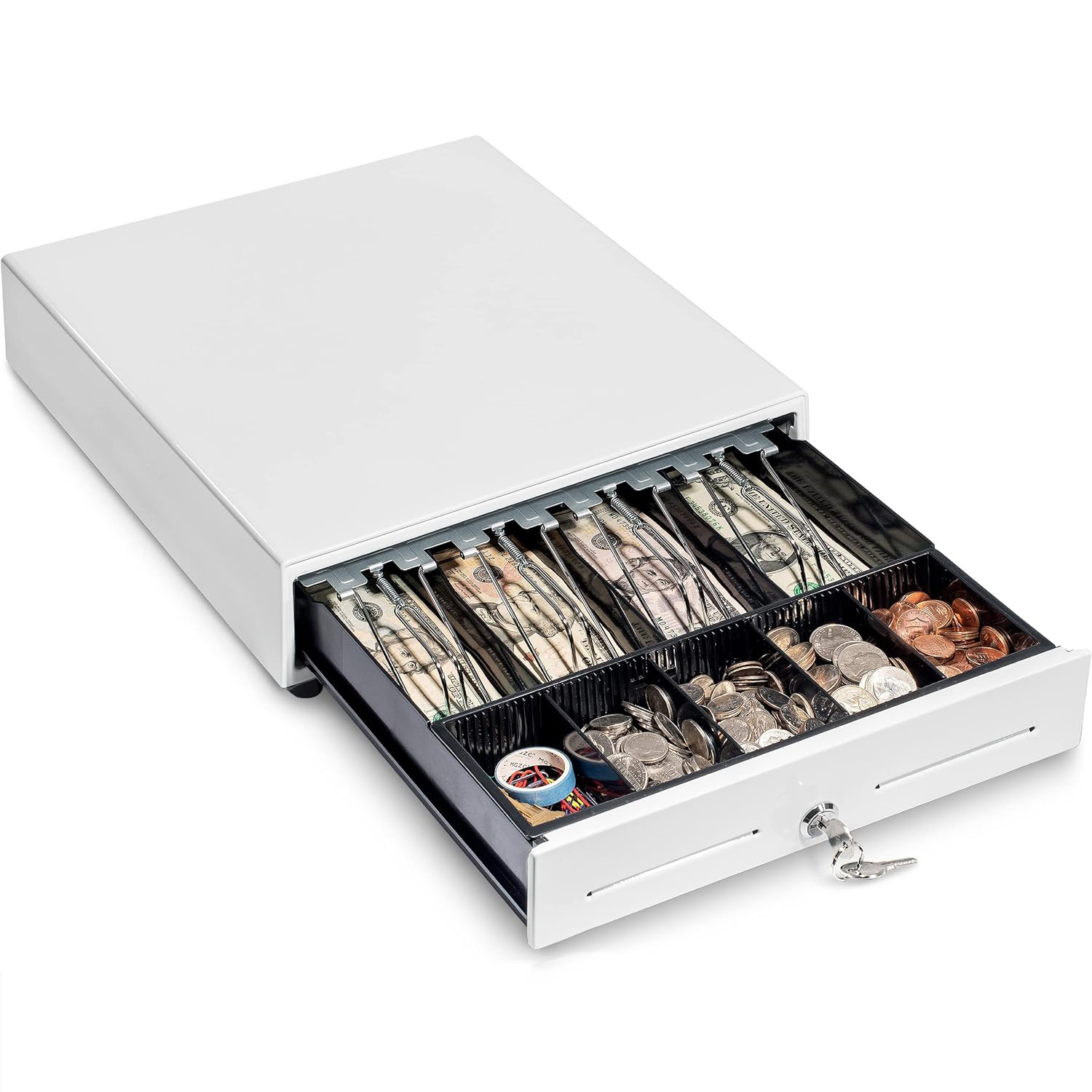 JY-330A 13 Inch White Cash Register Drawer With Removable Coin Compartment 4 Bill 5 Coin Cash Tray RJ11/RJ12