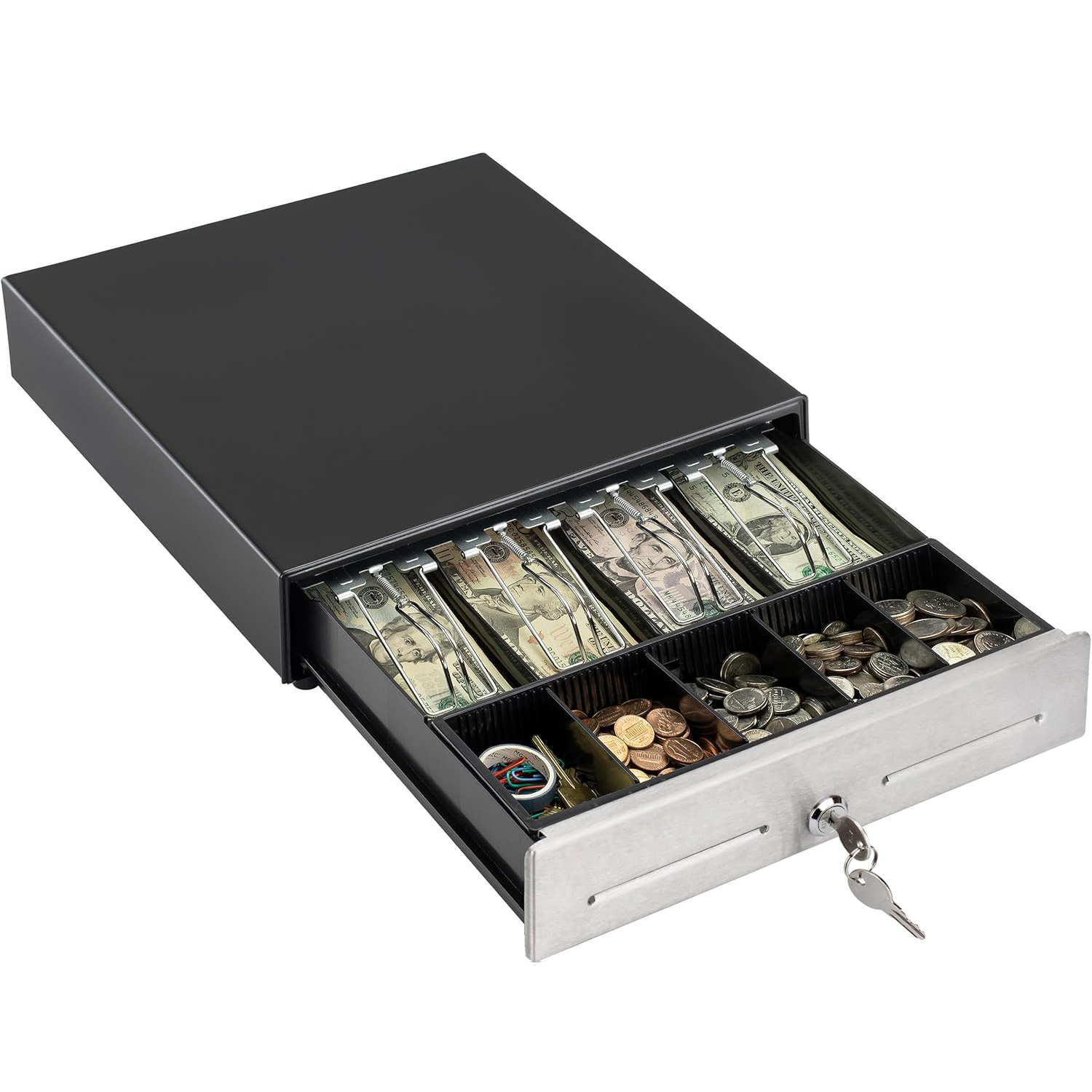 JY-330A 13 Inch Stainless Steel Front Panel Cash Register Drawer With Removable Coin Compartment 4 Bill 5 Coin Cash Tray RJ11/RJ12