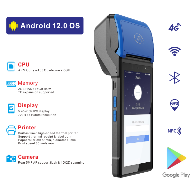 V510 Handheld Pos System Wifi Nfc Gms Scanner Android 12 Billing Machine Touch Screen Smart Pos Terminal Receipt Printer