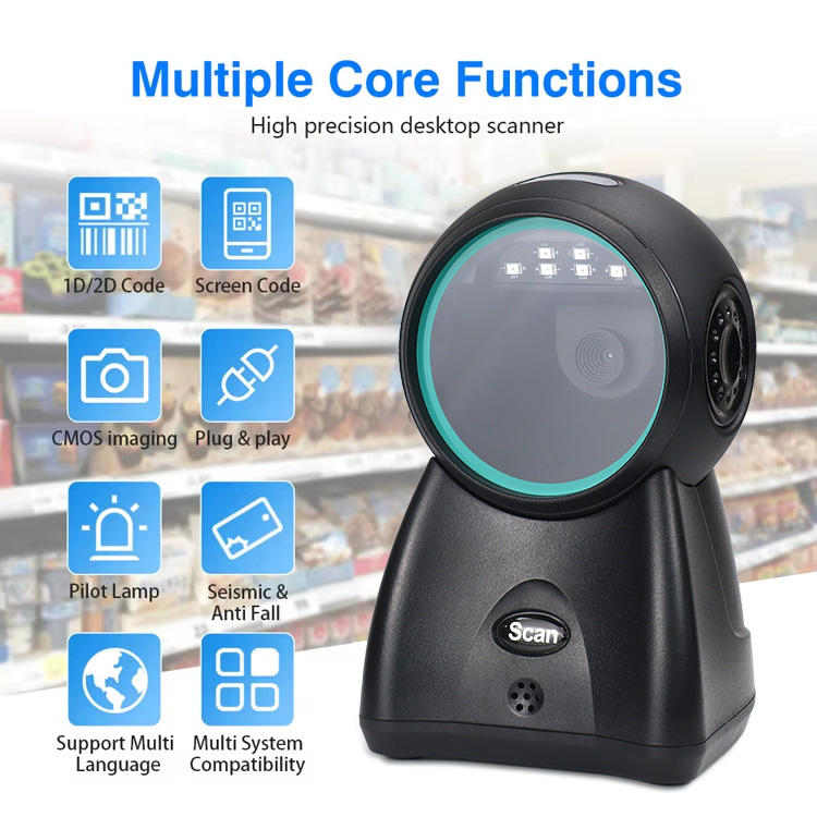 YJ8658 Supermarket Desktop Qr Code Scanner Reader 1D 2D Omnidirectional Barcode Scanner